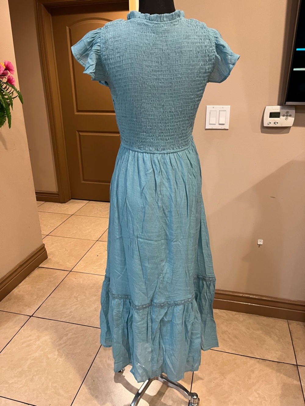 Sky Blue Smocked Maxi Dress with Ruffle Cap Sleeves - Picture 4 of 6